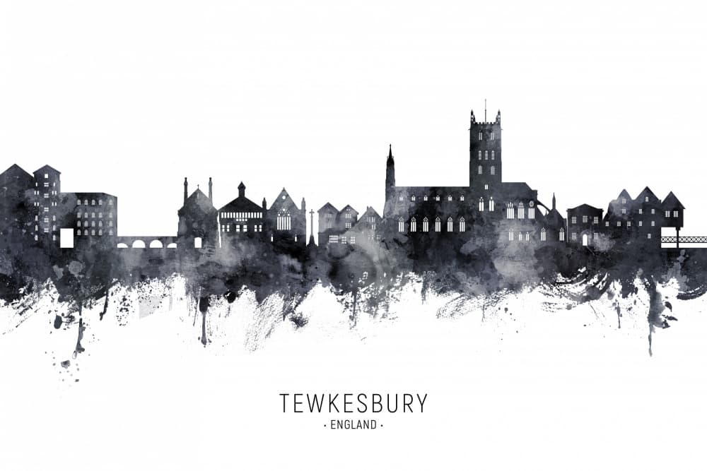 Tewkesbury Watercolor Skyline by Michael Tompsett — canvas wall art