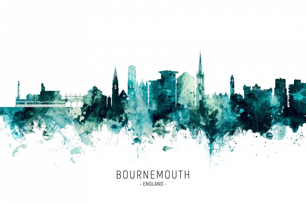 Bournemouth Watercolor Skyline by Michael Tompsett — canvas wall art
