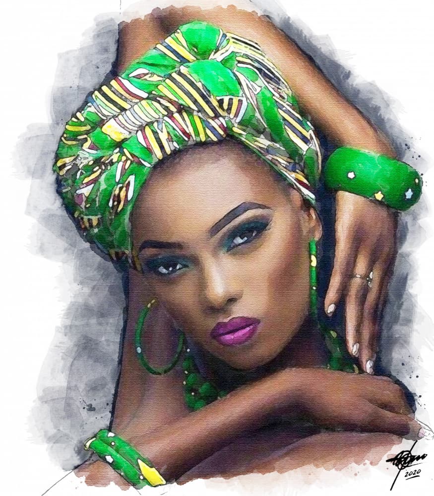 Vibrant Green Headwrap Woman by Osvaldo Russo — canvas wall art