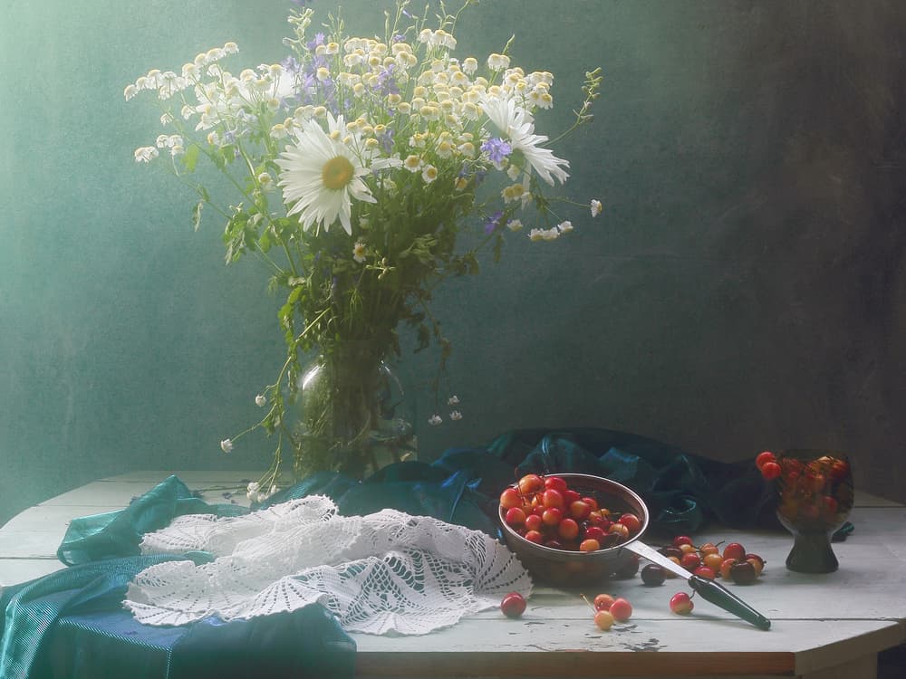 Wild Flowers Cherries Still Life by UstinaGreen — canvas wall art