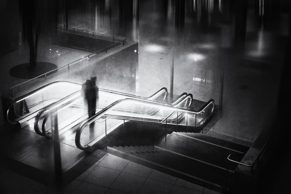 Shadow Figure Escalator by Bruno Flour — canvas wall art