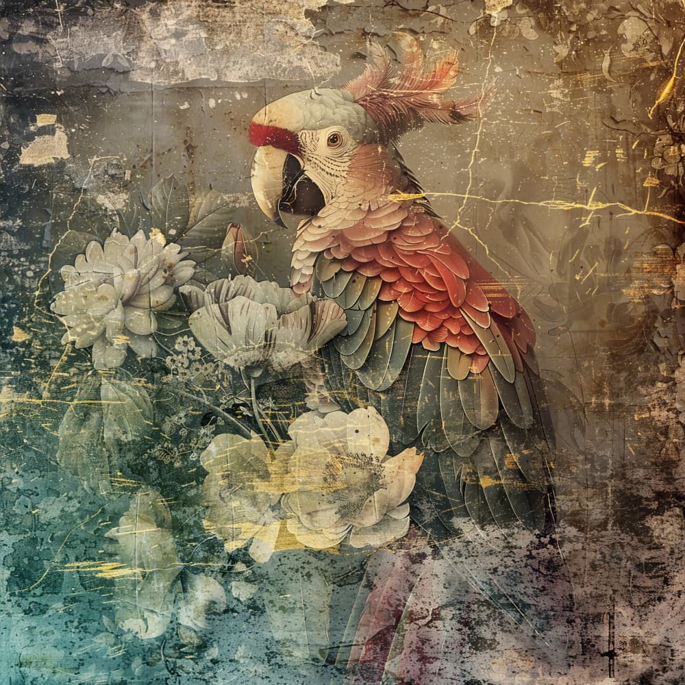 Vintage Parrot Bloom by Rafal Kulik — canvas wall art