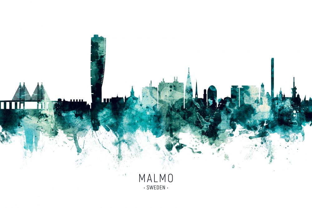 Malmo Watercolor Skyline by Michael Tompsett — canvas wall art