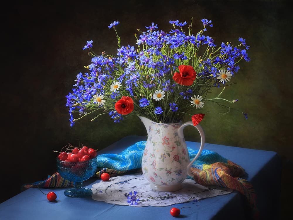 Summer Flowers and Cherries by Tatyana Skorokhod — canvas wall art