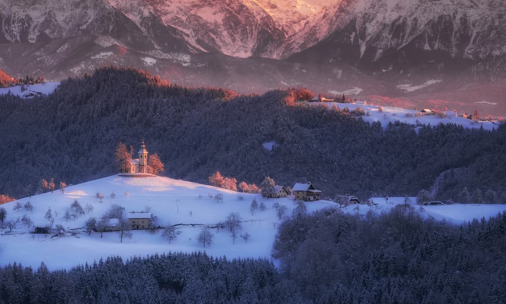Winter Village Mountain Sunrise by Ales Krivec — canvas wall art