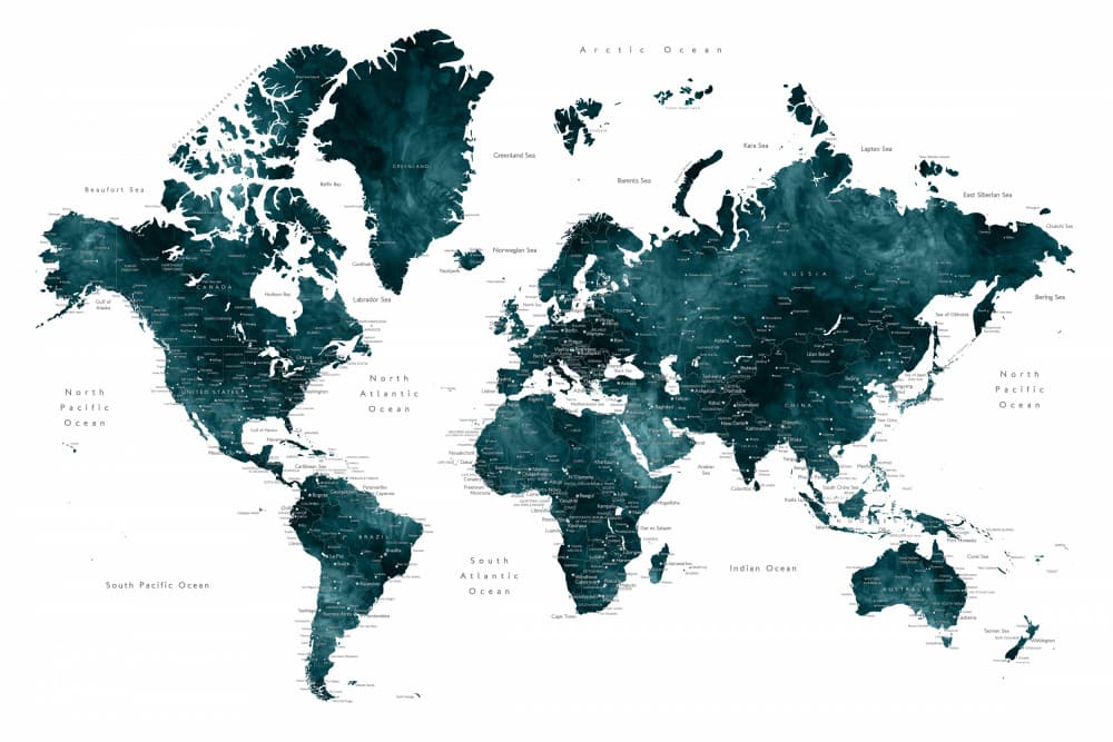 Teal Abstract World Map by Rosana Laiz Blursbyai — canvas wall art