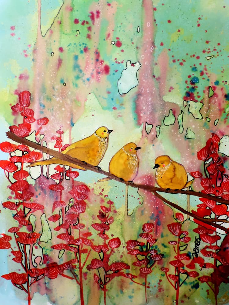 Yellow Birds Red Foliage by Sylvie Demers — canvas wall art
