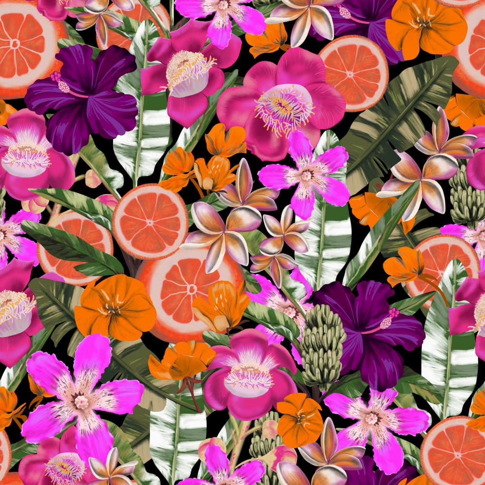 Flowes and Fruits Pattern Black by Anis Illustration — canvas wall art