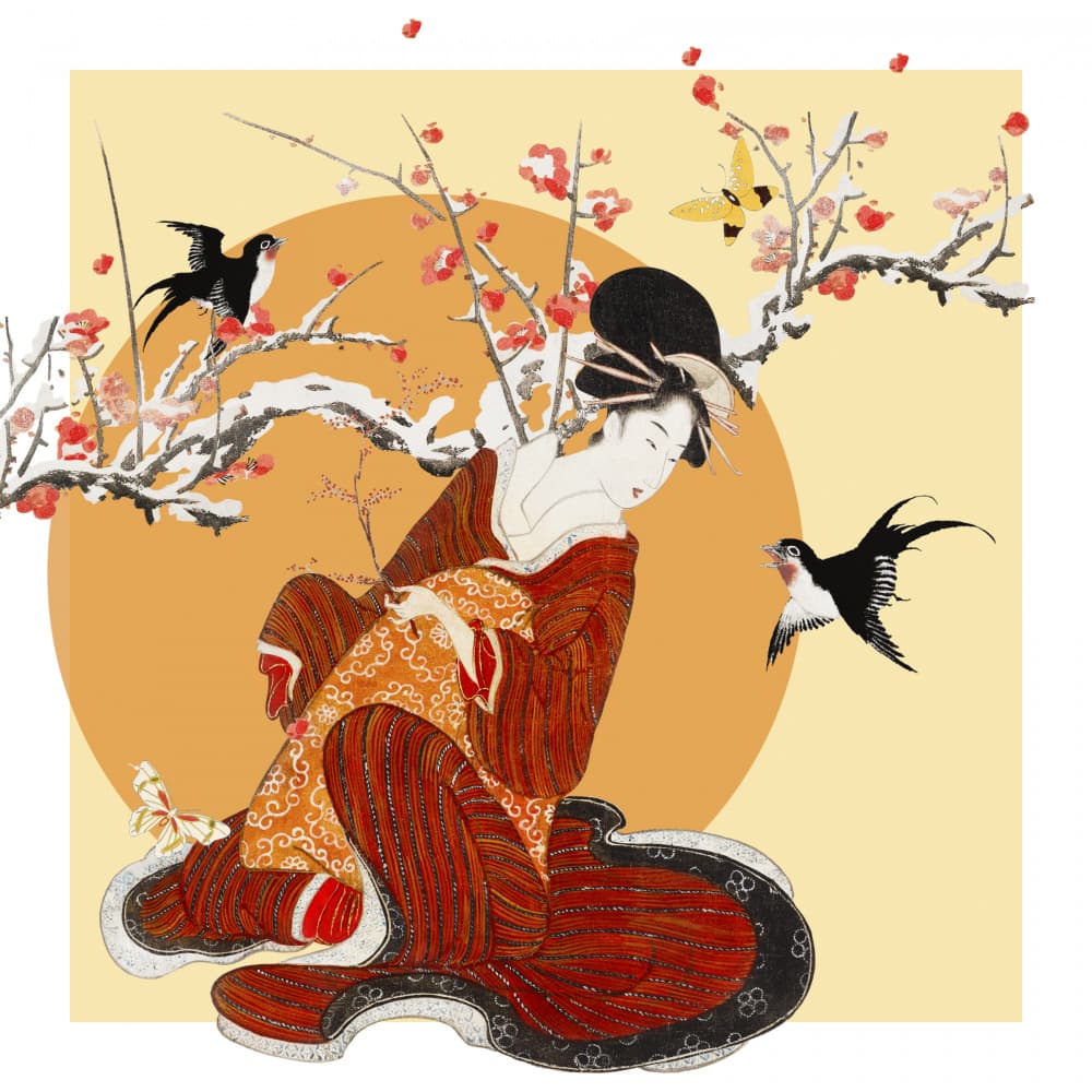Geisha Plum Blossoms Swallows by Marja van den Hurk — canvas wall art