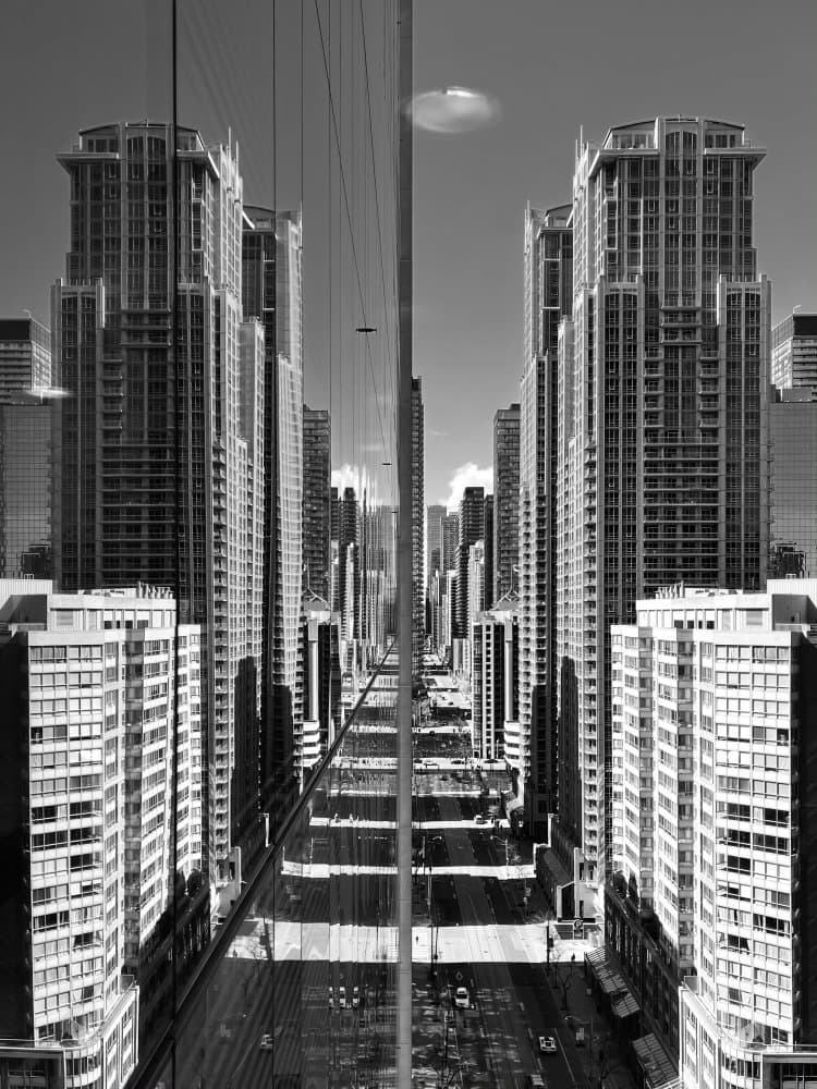 Symmetrical City Reflections by Fan Lin (APA) — canvas wall art