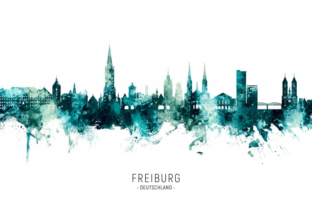 Freiburg Germany Watercolor Skyline by Michael Tompsett — canvas wall art