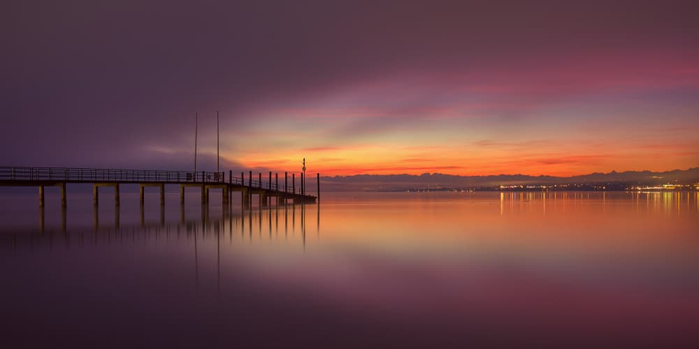 Vibrant Sunset Pier Reflection by Judith Kuhn — canvas wall art