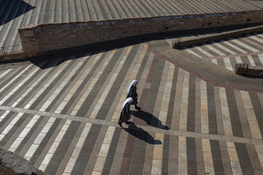 Nuns on Striped Pavement by Jure Kravanja — canvas wall art