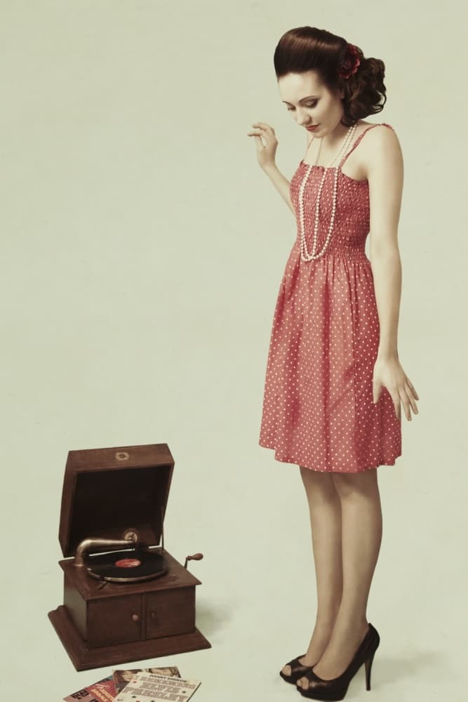 Vintage Woman and Gramophone by Bart Peeters — canvas wall art