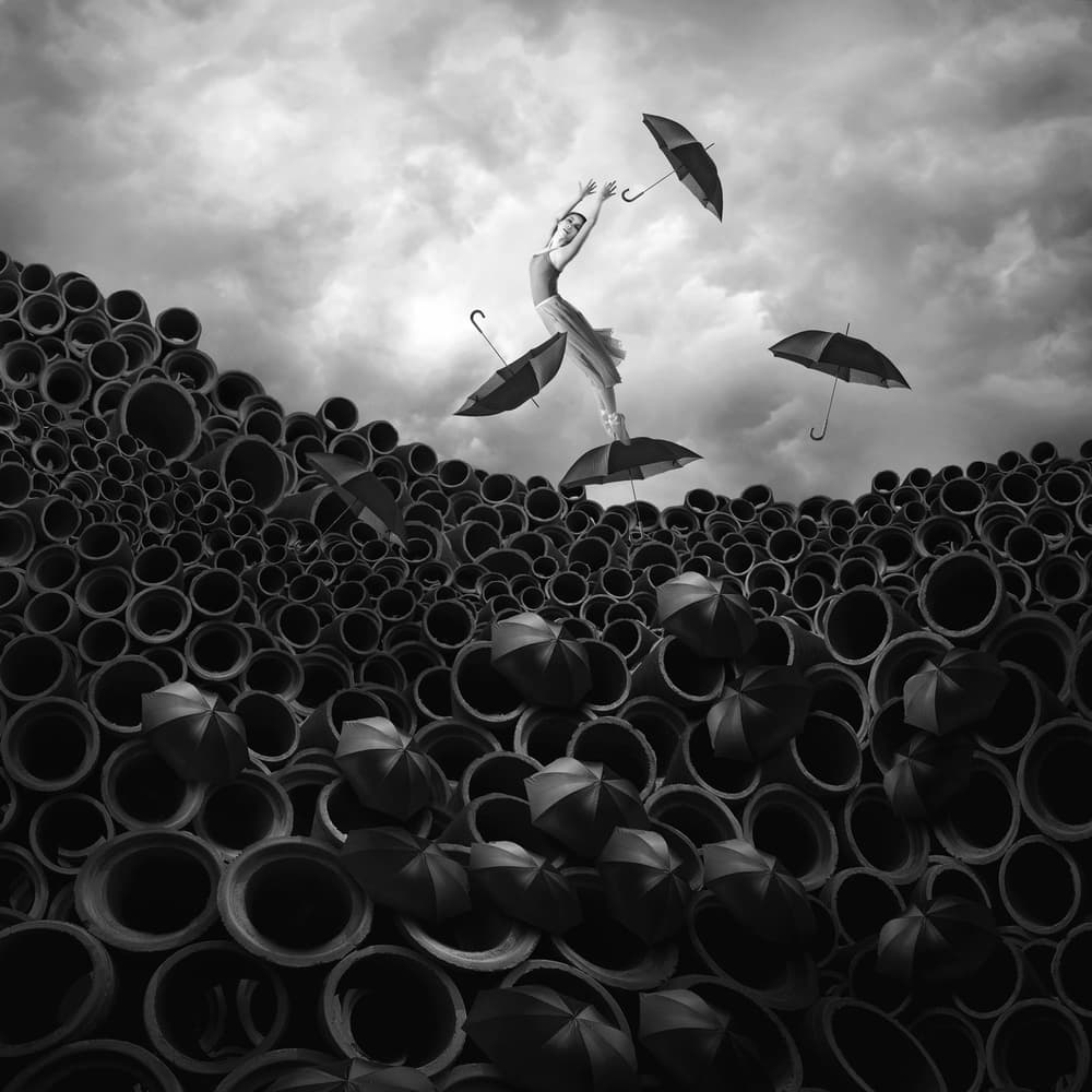 Floating Dancer Umbrellas by hardibudi — canvas wall art
