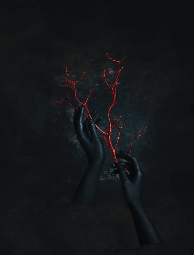 Black Hands Red Branches by Golubeva Nataly — canvas wall art