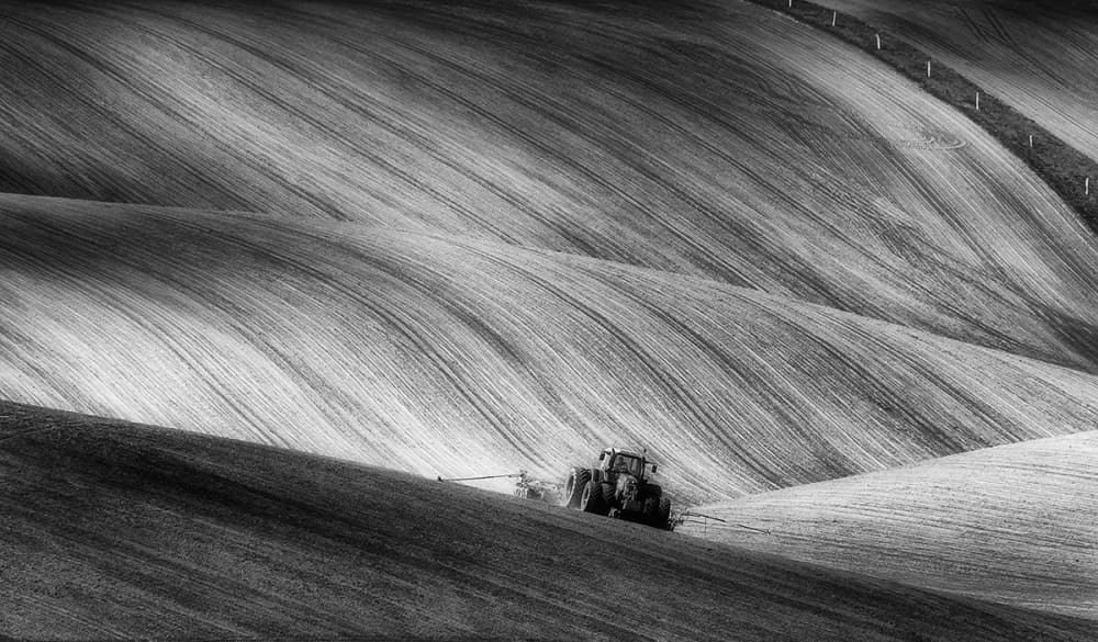 Tractor in Rolling Fields by Piotr Krol (Bax) — canvas wall art