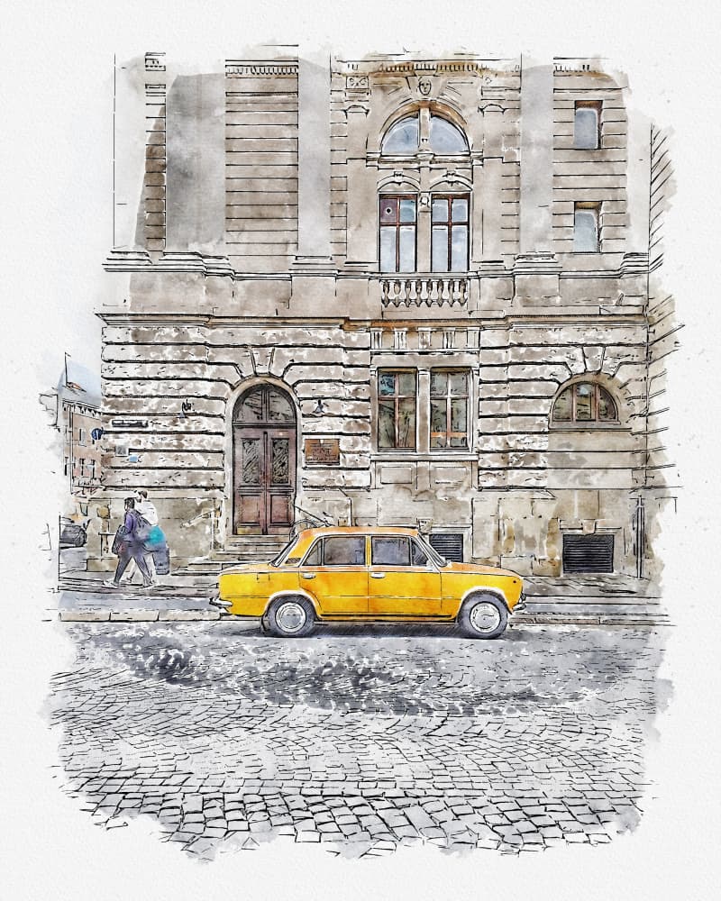 Classic Yellow Car Street by Lembayung senja studio [Vintage Poster] — canvas wall art