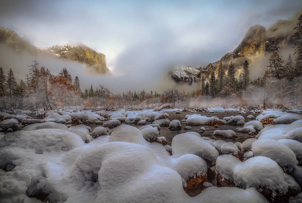 Misty Mountain Winter River by Jenny Qiu — canvas wall art