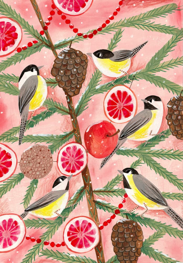 Winter birds Tits in the pine tree at Christmas by Caroline Bonne Müller — canvas wall art