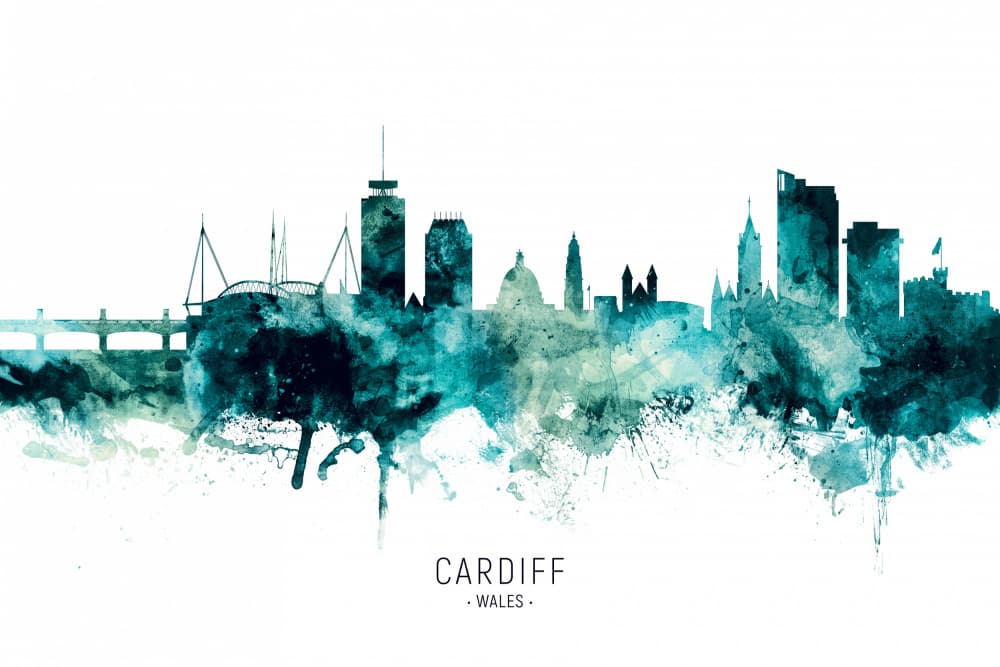 Cardiff Watercolor Skyline by Michael Tompsett — canvas wall art