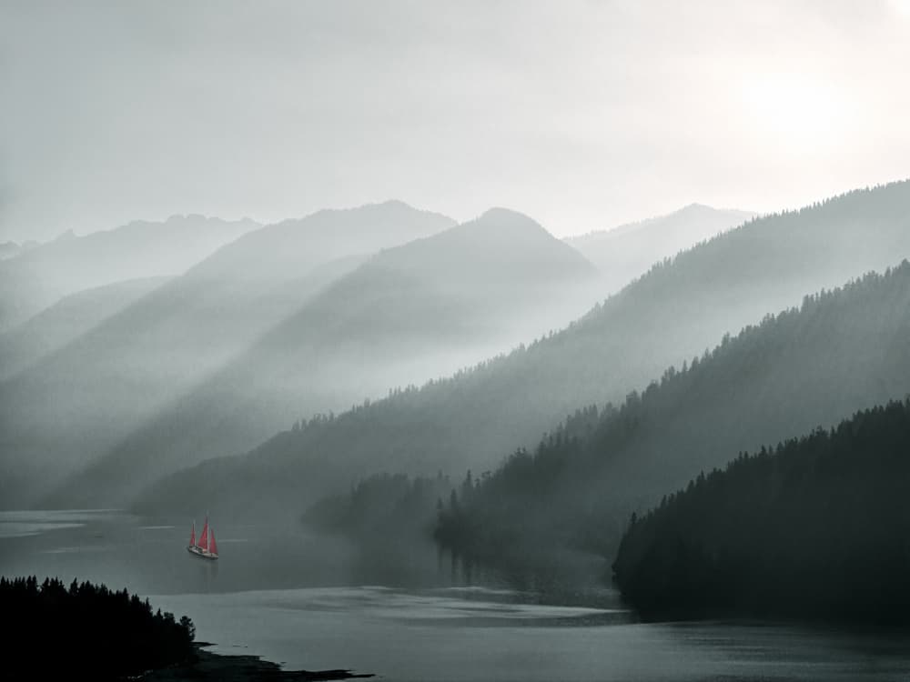 Red Sails Misty Mountains by Liguang Huang — canvas wall art
