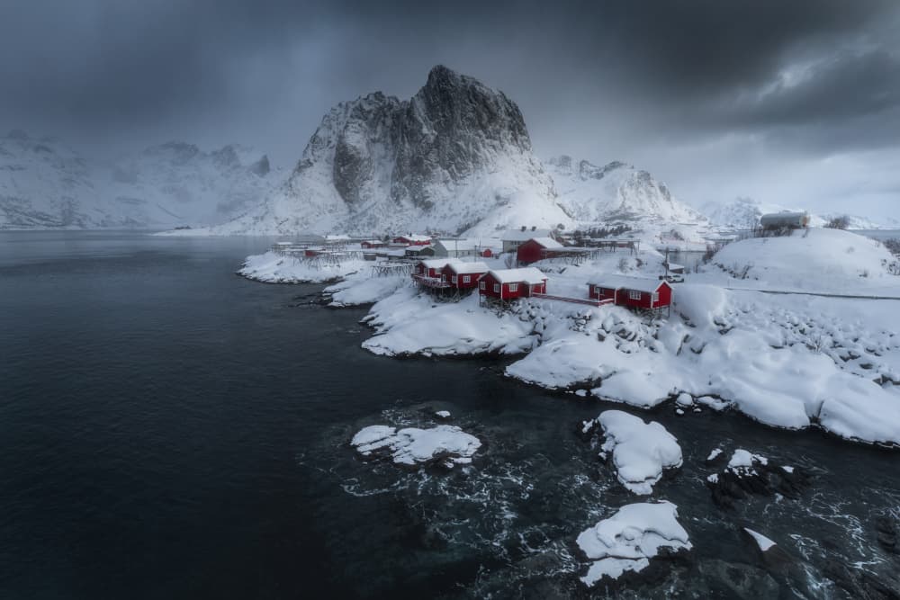Snowy Red Cabins Fjord by Tomasz Rojek — canvas wall art