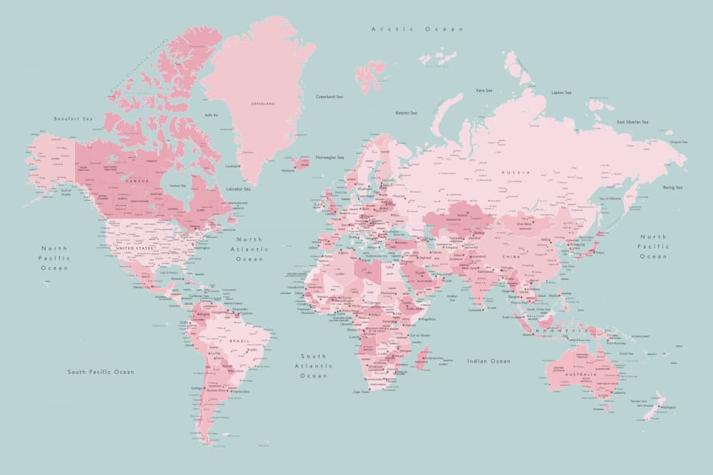 Pink Global Map by Rosana Laiz Blursbyai — canvas wall art