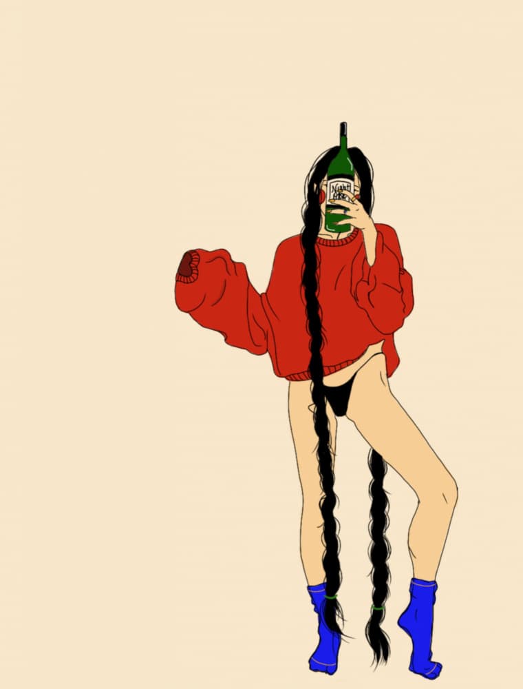 Red Sweater Bottle Girl by Juliana Kokolari — canvas wall art