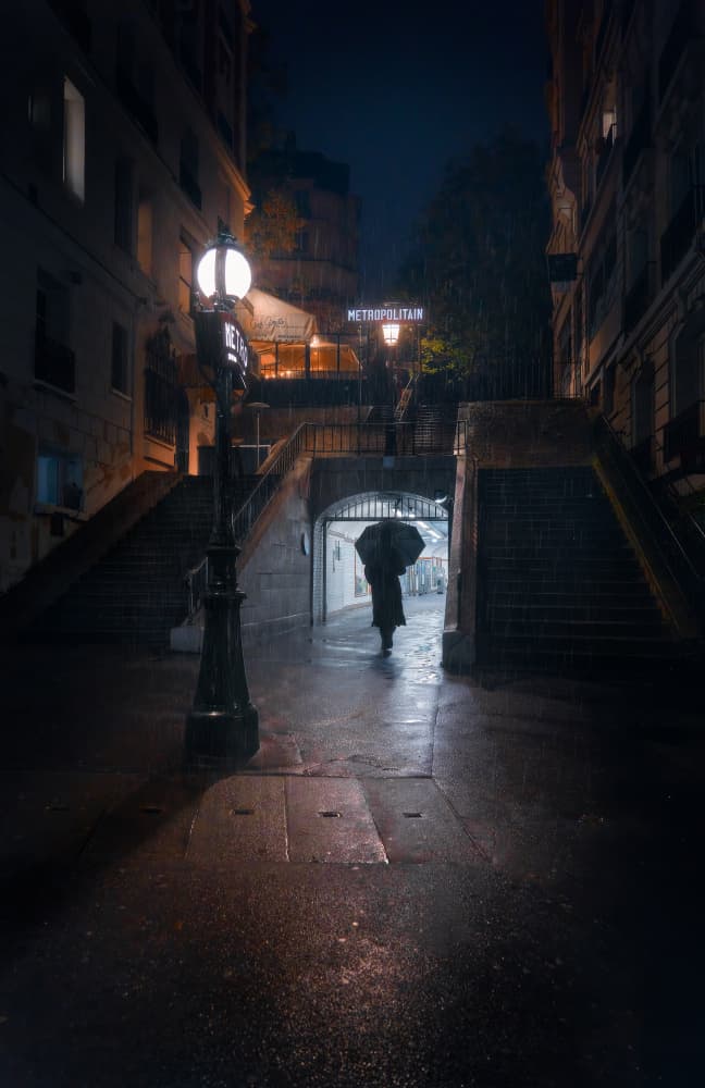 Rainy Parisian Metro Night by Javier de la Torre — canvas wall art