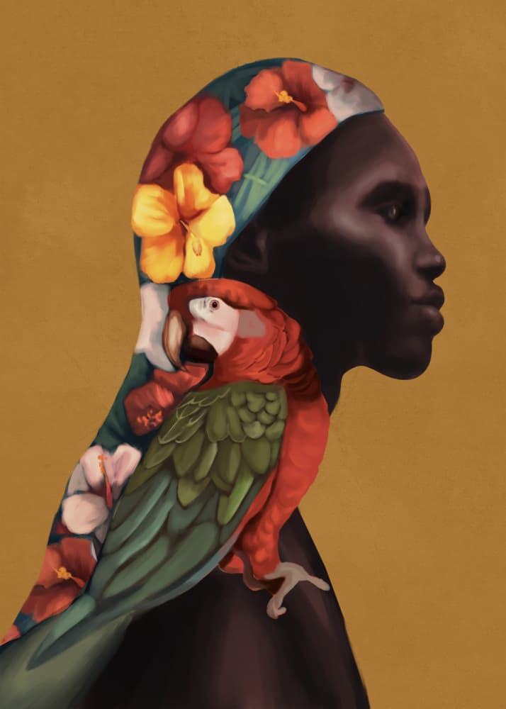 Tropical Woman and Parrot by Nadjaa — canvas wall art