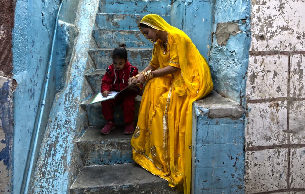 Yellow Sari Blue Steps by SAMIR KUMAR SAMANTA — canvas wall art