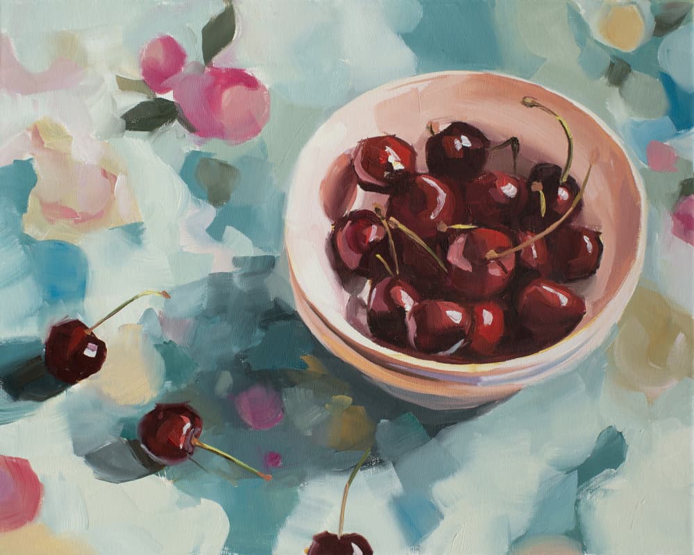 Cherries On Tablecloth by Jenny Westenhofer — canvas wall art