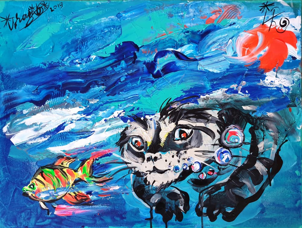 Underwater Cat And Fish by Kanat Ibragimov — canvas wall art