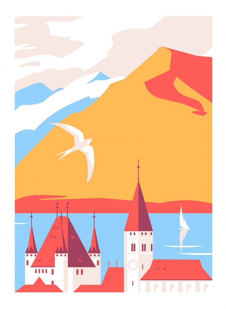 Swiss Castle Lakeside Flight by Tetiana Kava Illustration — canvas wall art