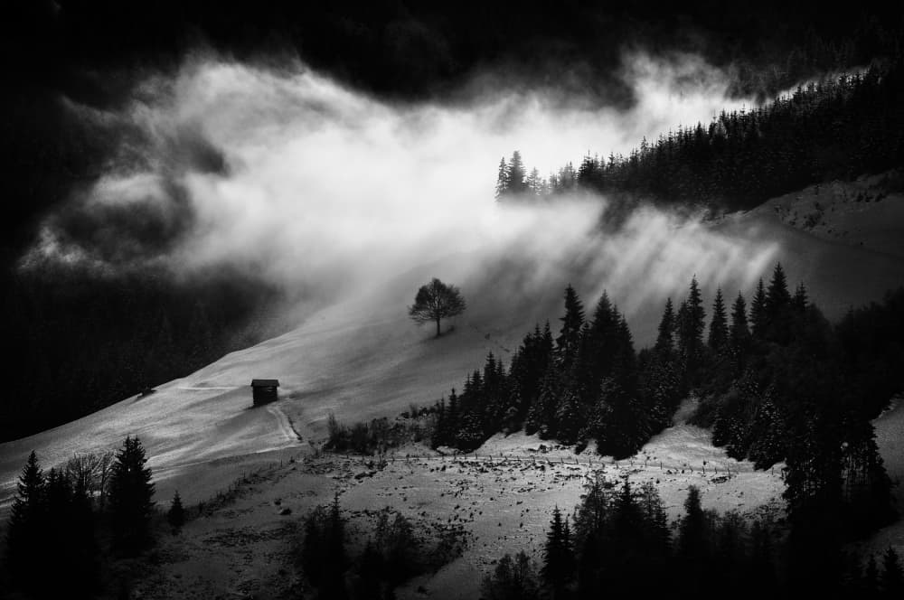 Misty Mountain Cabin by Marchevca Bogdan — canvas wall art