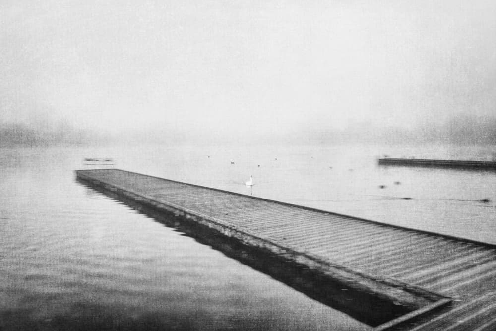 Misty Lake Pier by Imaginative — canvas wall art