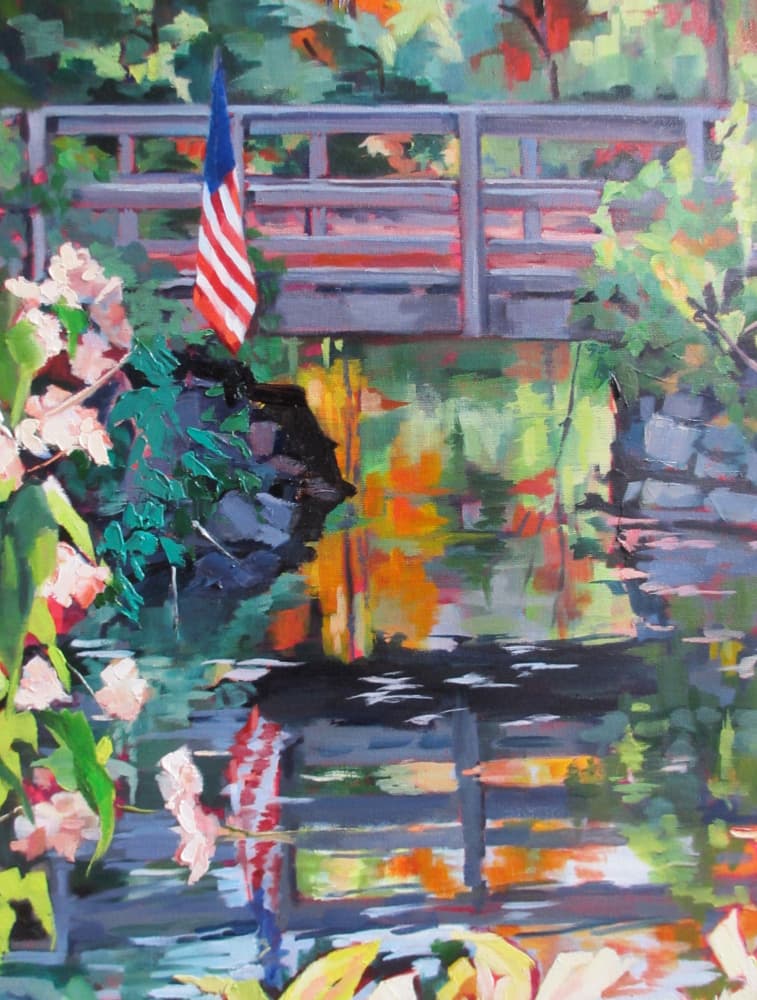 American Flag Bridge Reflections by Maxine Shore — canvas wall art