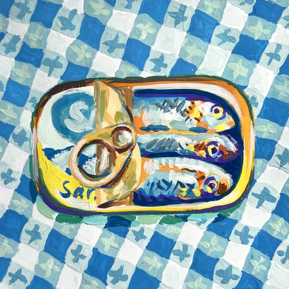 Sardines On Blue Checkers by Pauline Wegman | Key and Sea Creative — canvas wall art