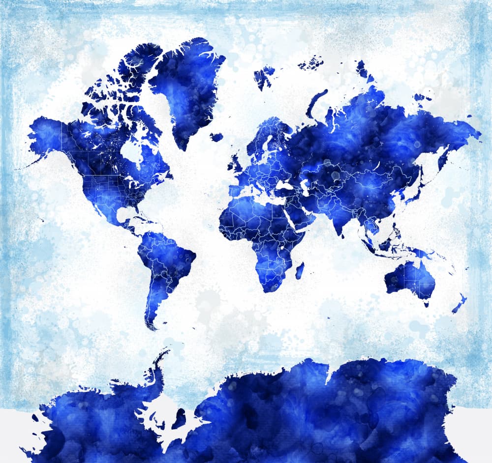Blue Watercolor World Map by Rosana Laiz Blursbyai — canvas wall art
