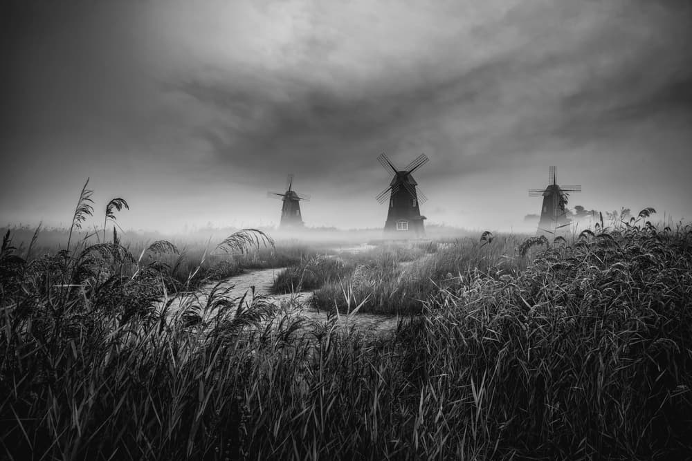 Misty Windmills Landscape by Tiger Seo — canvas wall art