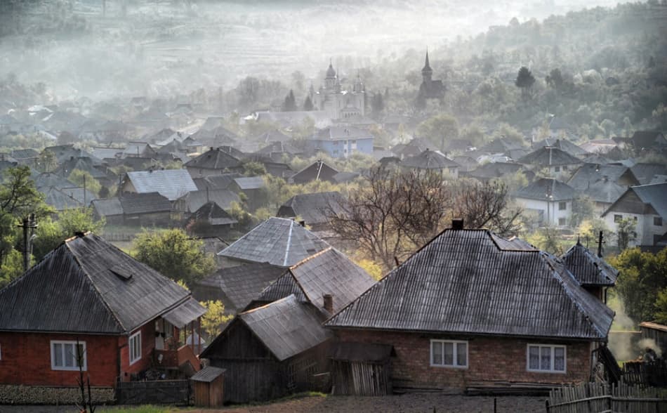 Misty Village Morning by Andrei Nicolas - The Traveler — canvas wall art