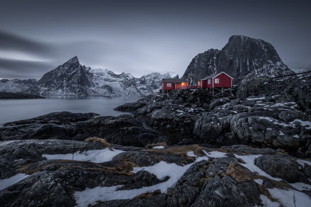 Winter Fjord Cabins by Tony Xu — canvas wall art
