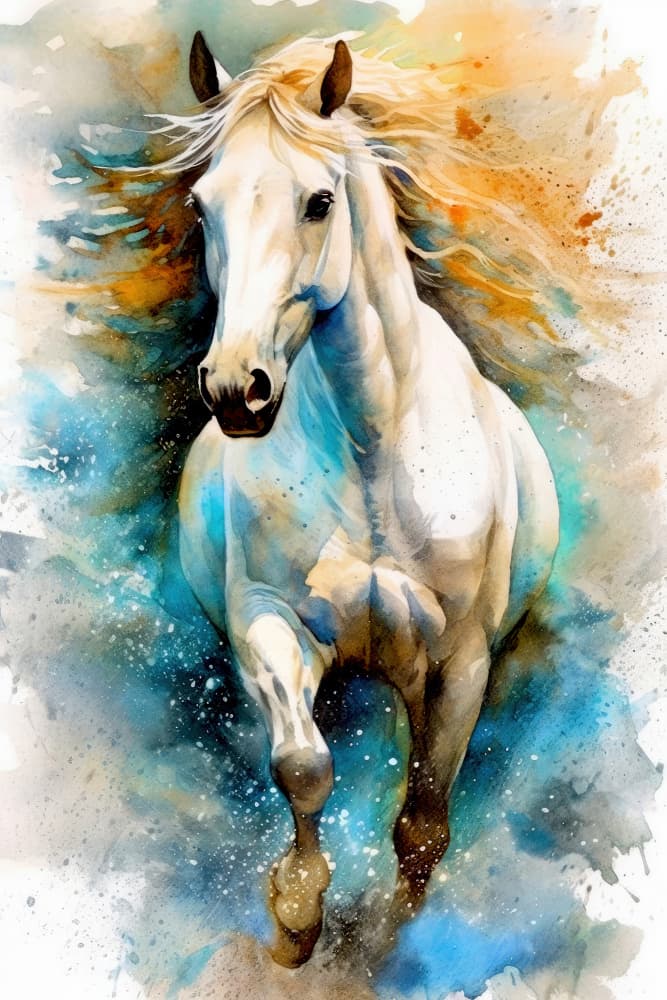 Dynamic White Horse Watercolor by Justyna Jaszke — canvas wall art