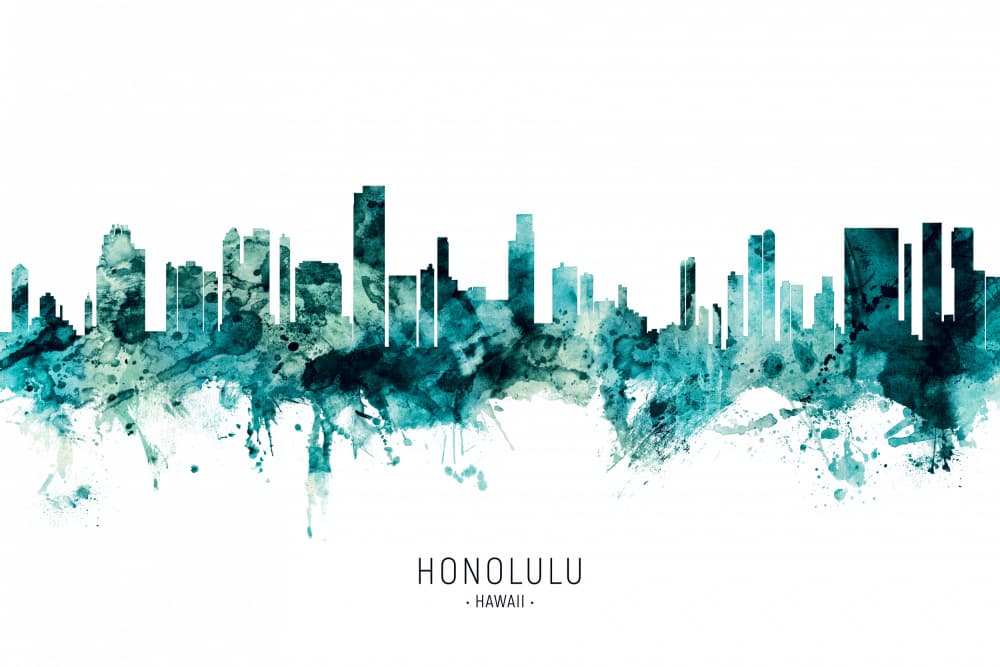 Honolulu Watercolor Skyline by Michael Tompsett — canvas wall art