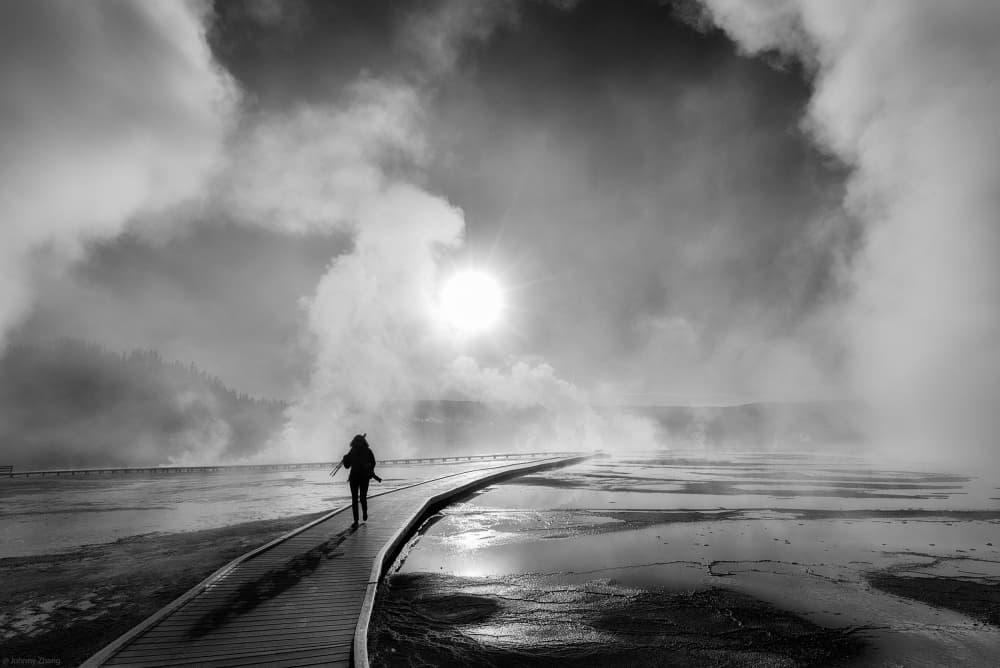 Misty Boardwalk Journey by Johnny Zhang — canvas wall art