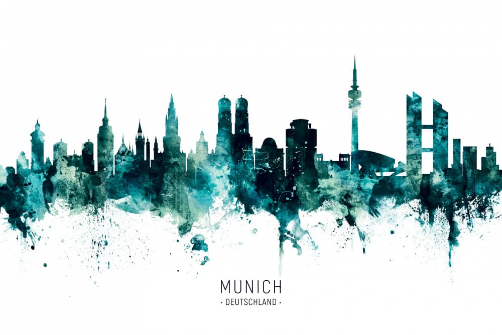 Munich Skyline Watercolor by Michael Tompsett — canvas wall art