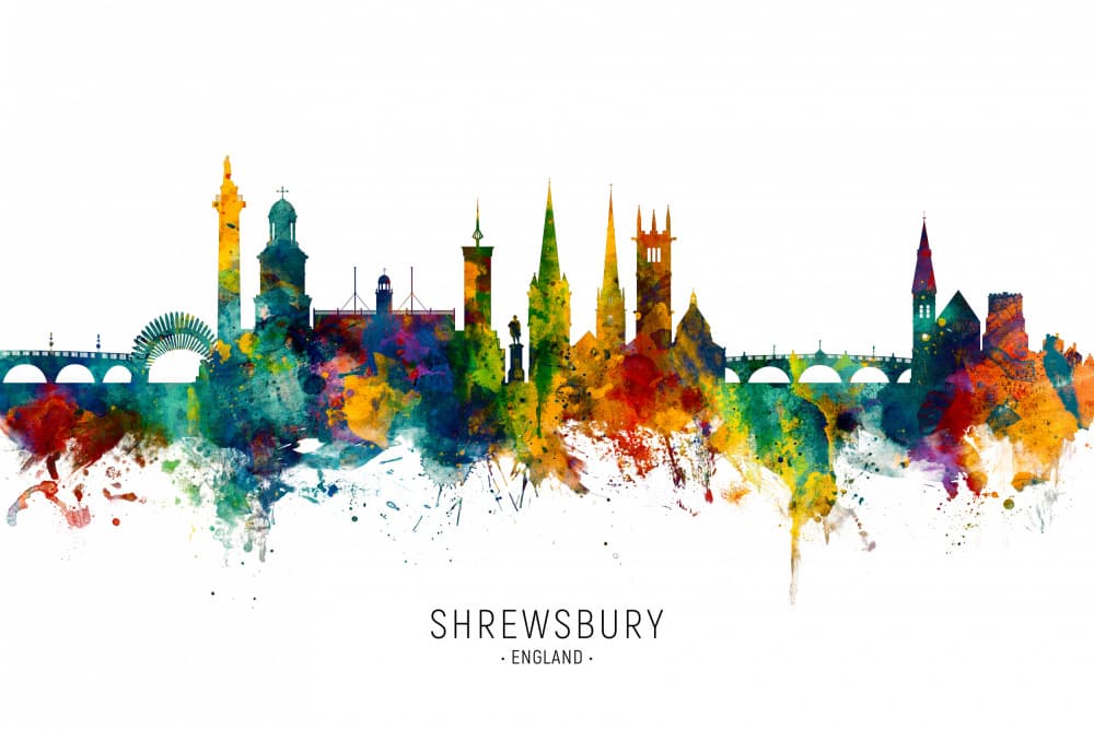 Colorful Shrewsbury Cityscape by Michael Tompsett — canvas wall art