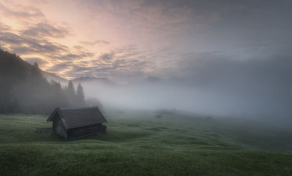 Misty Morning Cabin by Zbyszek Nowak — canvas wall art