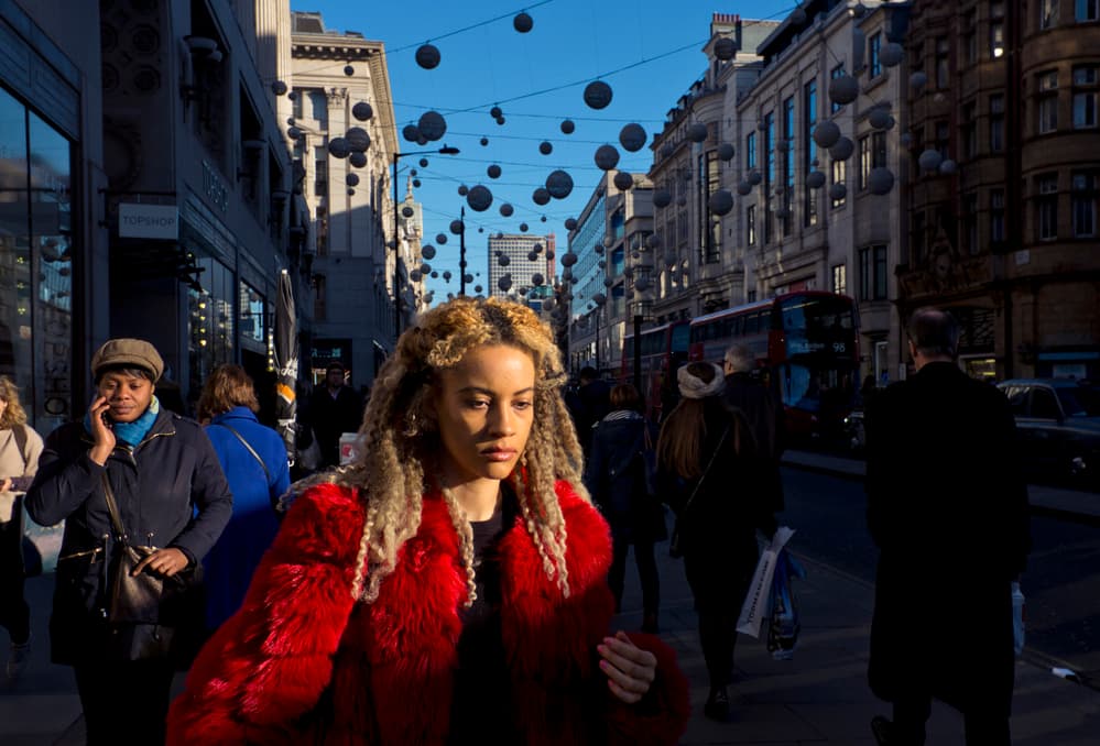 Red Coat City Street by Lorenzo Grifantini — canvas wall art